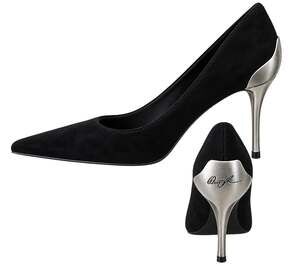 Donald Pliner Black Suede Leather Shoe Pump New Silver Metal Heel $350 NIB Sz 5